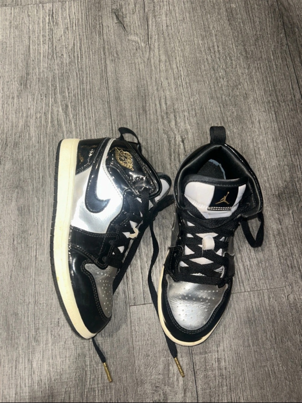Jordan Kids Black & Silver High-Top Sneakers with Gold Accent